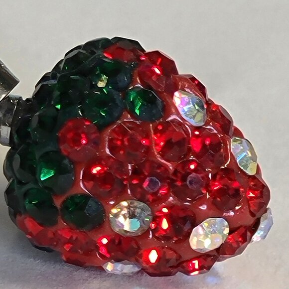 Red & Dark Green Strawberry Pendant with Swaroski elements On18K Silver Necklace - Picture 3 of 13